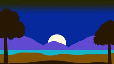 Geceleri arka planda deniz, sahil, ay, ağaçlar ve ufuk çizgisi olan retro dijital manzara animasyonu. 