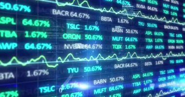 Borsa görüntülerinin mavi ve yeşil borsa numaraları ve grafikleriyle canlandırılması, borsada fiyatların yükselmesi ve düşmesi, mavi arka planda ikili kodlama.