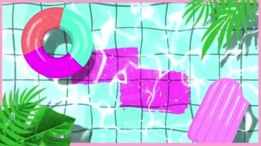 Yüzme havuzu, şişme yatak ve yüzüğün egzotik palmiye yapraklarıyla suda yüzüşü..