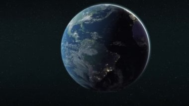 Uzaydan görünen Dünya 'nın animasyonu, karanlık arka plandaki kusursuz uydu görüntüsü üzerinde dönen dünya.. 