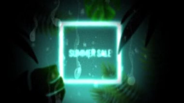 Parlak mavi arkaplanda egzotik bitkiler ve beyaz parlayan kare çerçeveli parlak mavi harflerle yazılmış Summer Sale sözleriyle klasik video oyunu ekranının animasyonu.
