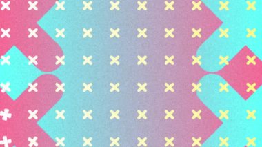 Pastel sarısının, pembe ve mavi haçların, şekillerin ve dalgaların geçmişe dönük hipnotik hareketlerinin animasyonu. Pastel arka planda kusursuz bir döngü içinde hareket ediyor.. 