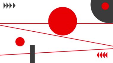 Beyaz zemin üzerinde kusursuz döngü içinde hareket eden çoklu kırmızı, gri ve siyah geometrik ve soyut şekillerin animasyonu. 