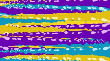 Retro hipnotik hareketin animasyonu. Çok sayıda parlak sarı, mavi ve mor renkli boya damlaları pürüzsüz bir döngüde akıyor..