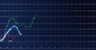 Yeşil, pembe ve mavi borsa işaretleri ve grafikleri olan borsa görüntülerinin animasyonu, kara fon borsasında yükselen ve düşen fiyat.