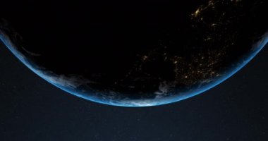 Uzaydan görünen Dünya 'nın animasyonu, karanlık arka plandaki kusursuz uydu görüntüsü üzerinde dönen dünya. Küresel uzay keşfi uzay yolculuğu konsepti dijital olarak oluşturuldu. 4k
