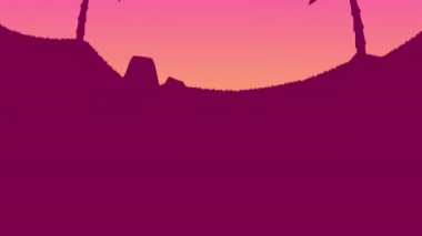 Günbatımının, palmiye ağaçlarının ve denizin sarı, turuncu, pembe ve mor olduğu klasik yaz manzarasının animasyonu. 