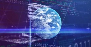 Borsa görüntülerinin kırmızı, mavi ve yeşil borsa işaretleri ve grafikleriyle canlandırılması, borsada fiyatların yükselmesi ve düşmesi, mavi arka planda ikili kodlama.