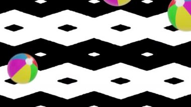 Düşen çok renkli plaj toplarının hipnotik hareketinin animasyonu. Hipnotik siyah ve beyaz değişen arka planda kusursuz döngü halinde hareket ediyor.. 