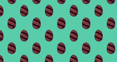 Kahverengi Paskalya yumurtalarının birçok sıra halinde yeşil arka planda düzgün bir şekilde hareket etmesinin animasyonu. Paskalya kutlaması geleneği dijital olarak oluşturulmuş bir imaj. 4k