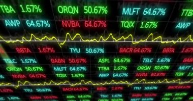 Borsanın kırmızı, mavi ve yeşil borsa işaretleri ve grafikleriyle canlandırılması, kara fon borsasında fiyatların yükselmesi ve düşmesi.