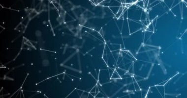 Hareket eden beyaz 3d pleksus yapısının bağlantı ağı ile dönmesi, gradyan mavi arkaplanda akan bilgi. 4k