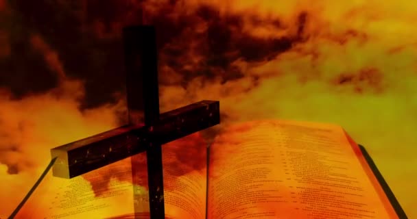 Animación Biblia Silueta Cruz Cristiana Sobre Nubes Amarillas Rojas Moviéndose — Vídeo de stock