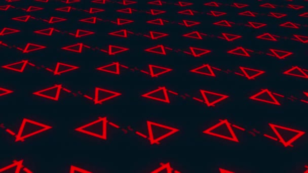 Animation du mouvement rétro hypnotique de plusieurs rangées de triangles rouges se déplaçant et tournant en formation en boucle transparente sur fond bleu foncé .