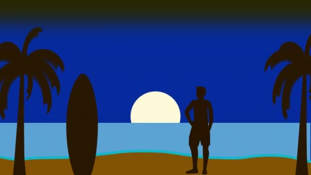 Animation Retro Digital Silhouette Man Surfboard Admiring Sea View Standing — Stock Video