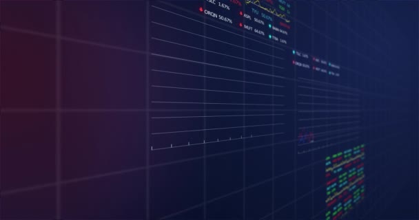 用红色 紫色和绿色的股票和图表激励股票市场 蓝色背景的股票在股票交易所上下波动 — 图库视频影像