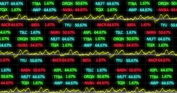 緑の株式市場のティッカーとグラフと株式市場の表示のアニメーション 価格は黒の背景に株式交換で上下に行く — ストック動画