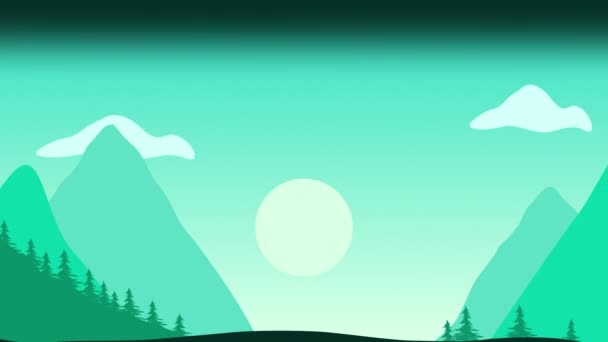 Animation Retro Digital Countryside Landscape Mountains Forest Sun Clouds Green — Stock Video