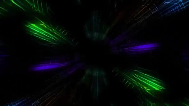 Animation de rayons bleus, violets et verts tournant en boucle sans couture dans un mouvement hypnotique sur fond noir .