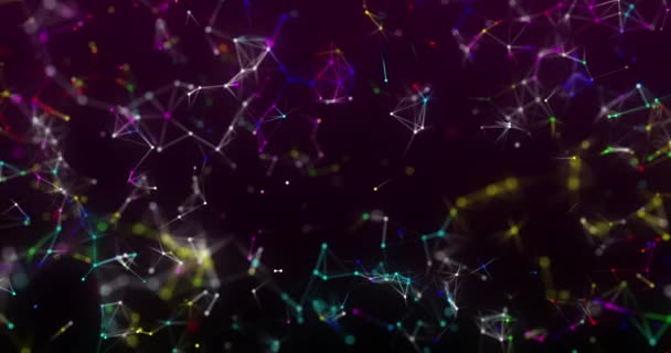 动画中移动的黄色 蓝色和紫色发光的3D丛结构与连网旋转 信息在黑色背景上流动 — 图库视频影像