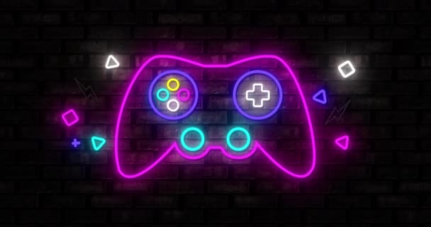 Animering Retro Neon Rosa Lila Och Turkos Videospel Controller Med — Stockvideo