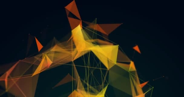 接続のネットワークと回転黄色の黄金の3Dプレキシス構造を移動するアニメーション 黒の背景に流れる情報 — ストック動画