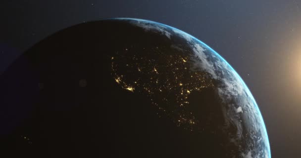 Animation de la Terre vue de l'espace, le globe tourne sur boucle transparente vue satellite sur fond sombre. Global space exploration space travel concept image générée numériquement. 4k 