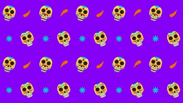 Animación Múltiples Filas Cráneos Mexicanos Estrellas Azules Chiles Moviéndose Formación — Vídeos de Stock