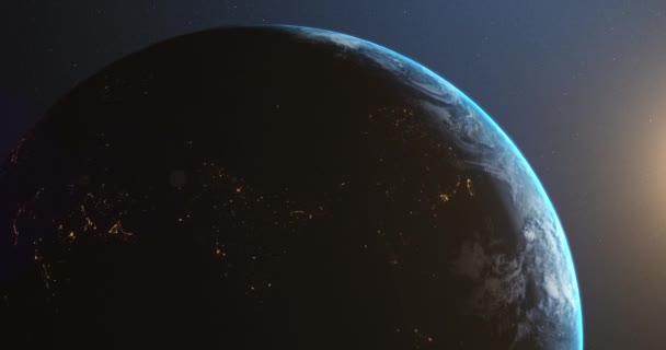 宇宙から見た地球のアニメーション 暗い背景のシームレスなループ衛星ビューで回転する地球 世界的な宇宙探査宇宙旅行の概念は デジタル生成された画像 — ストック動画