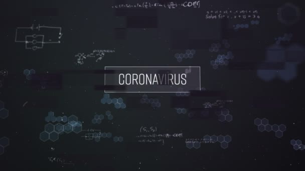 白い文字で書かれたコロナウイルスという言葉のアニメーション黒の背景に広がるCovid 19コロナウイルス感染症の化合物や細胞の構造式を持つ手書きの科学方程式 — ストック動画