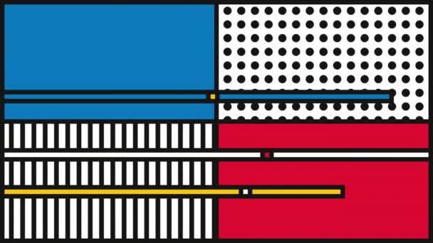 Анимация Четырех Красных Пунктирных Синих Полосатых Частей Разделенных Черными Линиями — стоковое видео