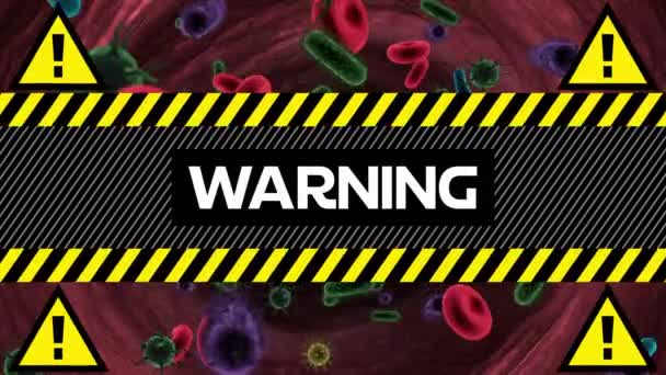 単語のアニメーション警告三角記号とコロナウイルスのマクロと黄色と黒の警告記号ボード上の白い文字で書かれた警告Covid 19背景に広がる — ストック動画