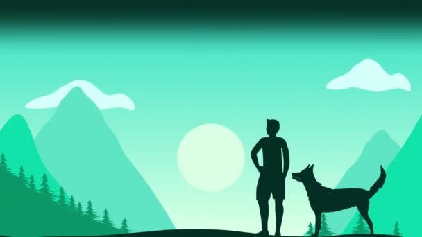 太陽と水平線と緑の空に雲と田舎の風景の中に彼の犬と人間のレトロなデジタルシルエットのアニメーション — ストック動画