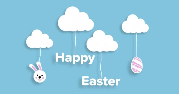 Animación Las Palabras Feliz Pascua Escrita Letras Blancas Colgando Nubes — Vídeo de stock