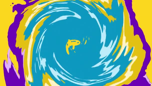 Animation d'un mouvement rétro hypnotique de multiples éclaboussures de peinture jaune vif, bleu et violet coulant en boucle transparente .