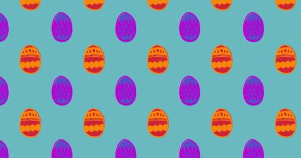 Animación Múltiples Filas Huevos Pascua Rojos Morados Anaranjados Estampados Que — Vídeos de Stock