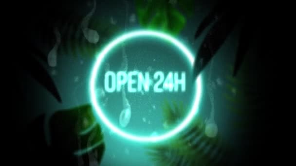 単語とヴィンテージビデオゲーム画面のアニメーション輝く青い背景にエキゾチックな植物と白い光るサークルフレームで輝く青いネオンの文字で書かれたオープン24H — ストック動画