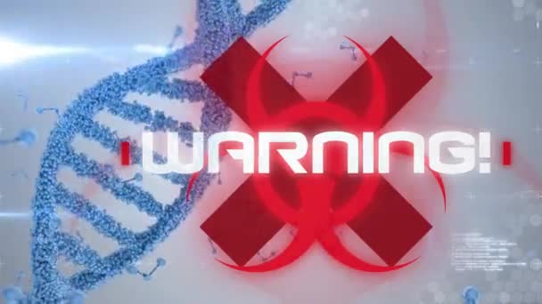 Uyarı Kelimesinin Animasyonu Beyaz Harflerle Yazılmış Mavi Çift Sarmal Dna — Stok video