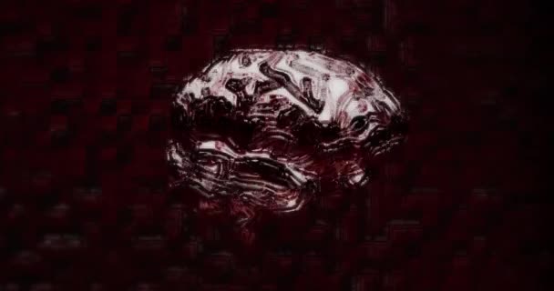 背景にある赤いコロナウイルス細胞の上を回転する三次元赤金属人間の頭蓋骨のアニメーション — ストック動画