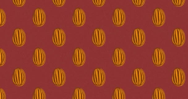 Анимация Нескольких Рядов Узорчатых Желтых Красных Пасхальных Яиц Движущихся Строю — стоковое видео