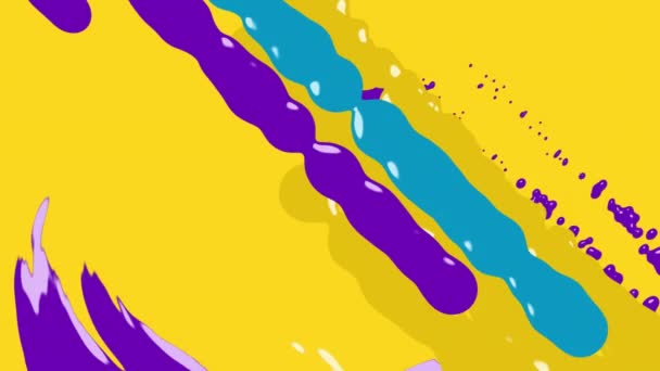 Animation d'un mouvement rétro hypnotique de multiples éclaboussures de peinture jaune vif, bleu et violet coulant en boucle transparente . 
