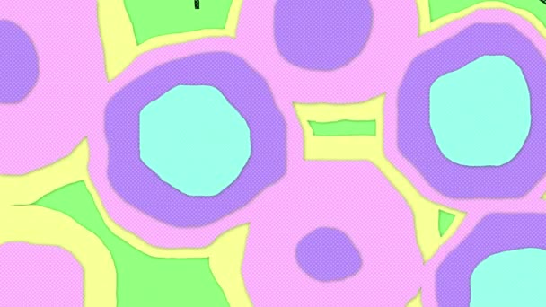 多幅不均匀的绿色 蓝色和粉色圆形漆花在重复无缝循环中放射的复古催眠运动动画 — 图库视频影像