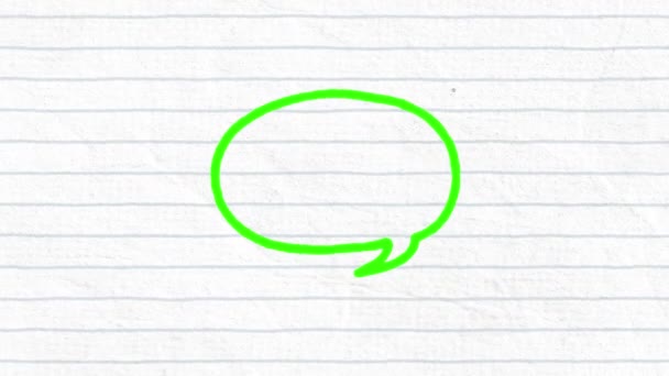 緑色の輪郭のスピーチのアニメーション白線の紙にマーカーで描かれたバブルチャットメッセージアイコンの手 — ストック動画