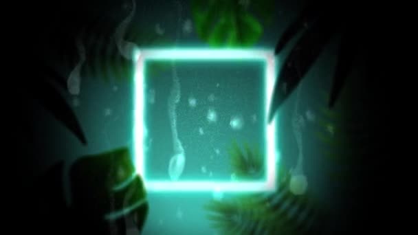 輝く青の背景にエキゾチックな植物と白い輝く正方形のフレームとヴィンテージビデオゲーム画面のアニメーション — ストック動画