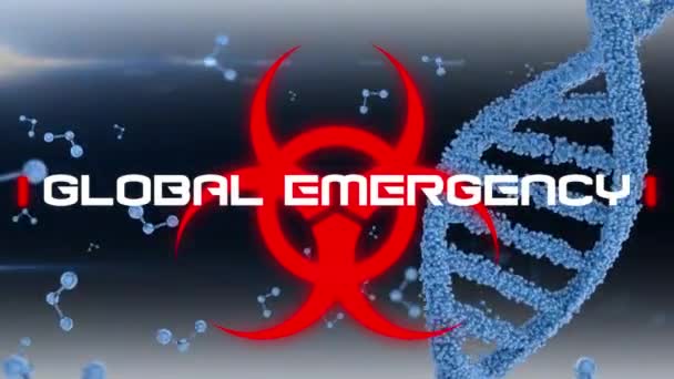 Анімація Слів Global Emergency Написана Білими Літерами Макрою Блакитної Подвійної — стокове відео