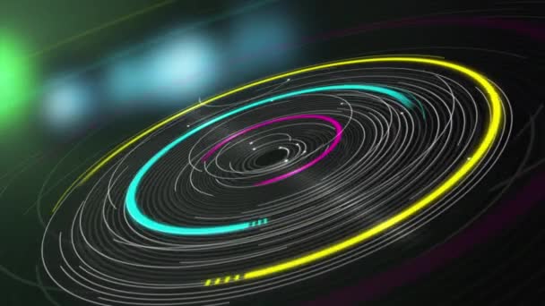 緑と青の背景に回転スキャン範囲の複数の色の黄色 青とピンクの円のアニメーション — ストック動画