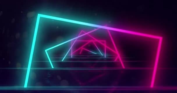 Animatie Van Gloeiende Neon Turquoise Roze Vierkant Contouren Bewegen Draaien — Stockvideo