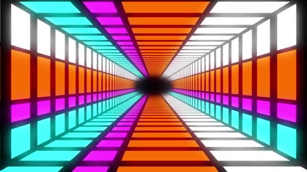 Animering Tunnel Flerfärgade Ljusa Rutor Vitt Blått Orange Och Rosa — Stockvideo