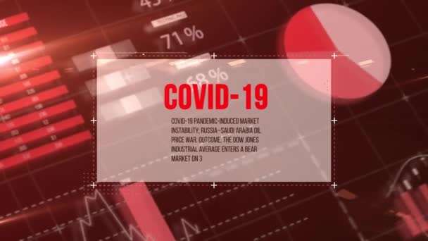 Animation of the word Covid-19 with news information written in red and black letters in white frame over world map, data processing and statistics recording on red background. 