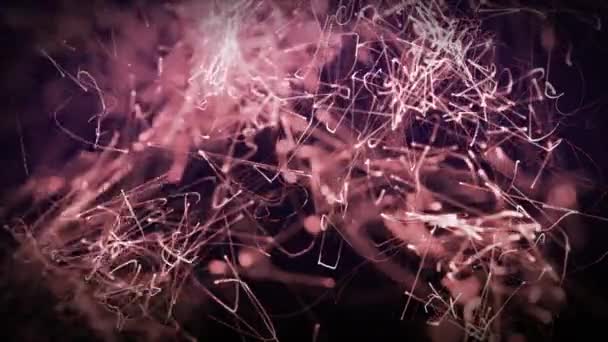 Animation du mouvement hypnotique de multiples sentiers lumineux abstraits rose brillant se déplaçant et disparaissant sur fond noir . 